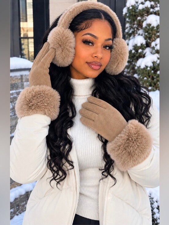 Accessories - Plush Faux-Fur Trim Gloves and Earmuffs Set - Beige